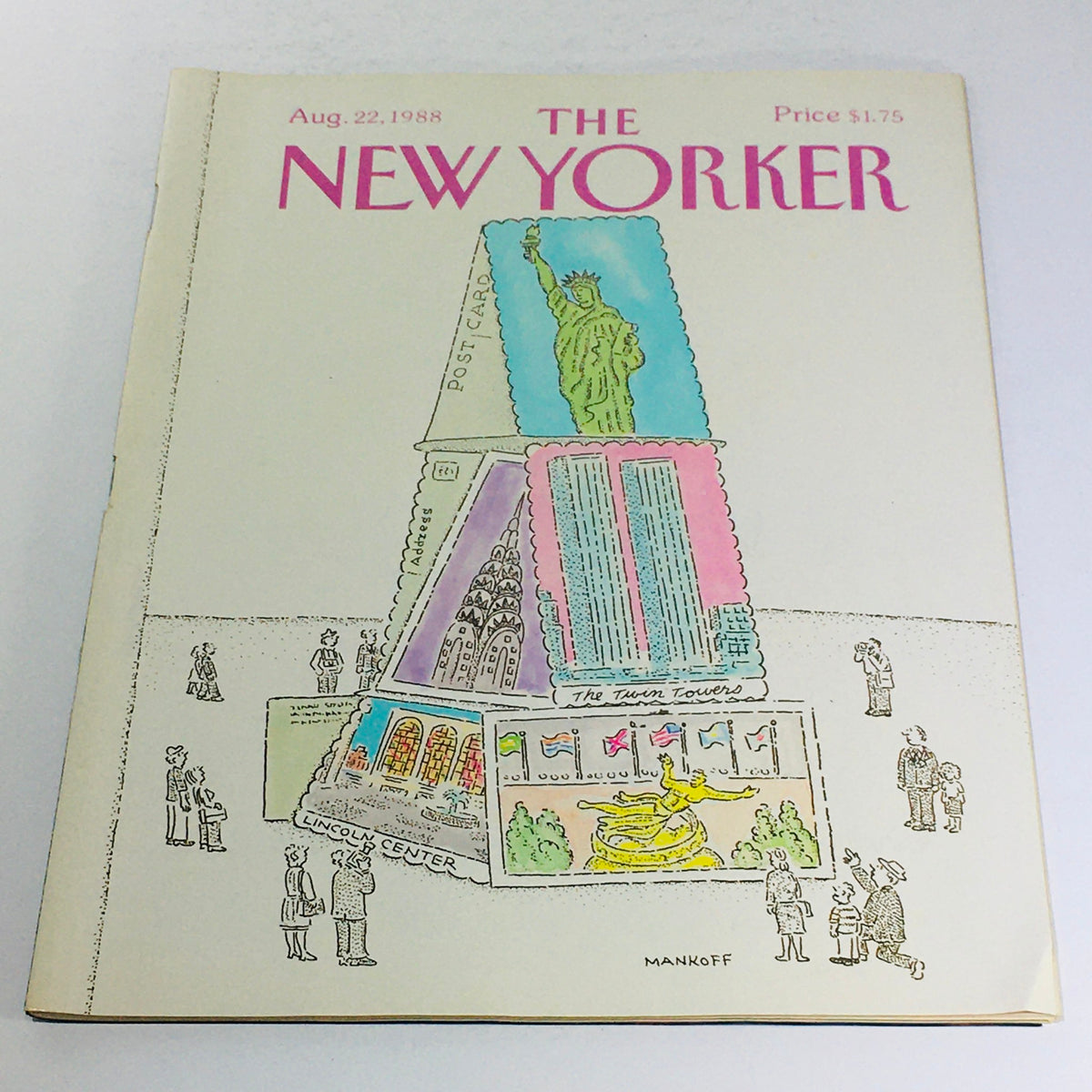 The New Yorker: August 22 1988 - Full magazine cover featuring a cartoon illustration by Robert Mankoff, showcasing iconic American landmarks like the Statue of Liberty and the Twin Towers. Ideal for vintage magazine collectors.