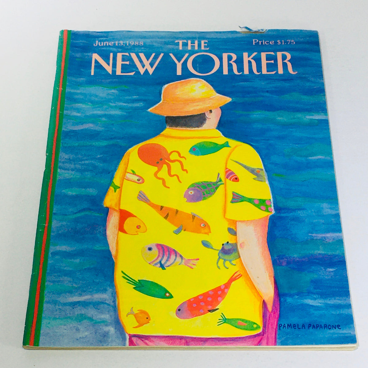 The New Yorker: June 13 1988 magazine cover illustrated by Pamela Paparone, featuring a colorful depiction of a figure in a fish-patterned shirt against a blue ocean backdrop.