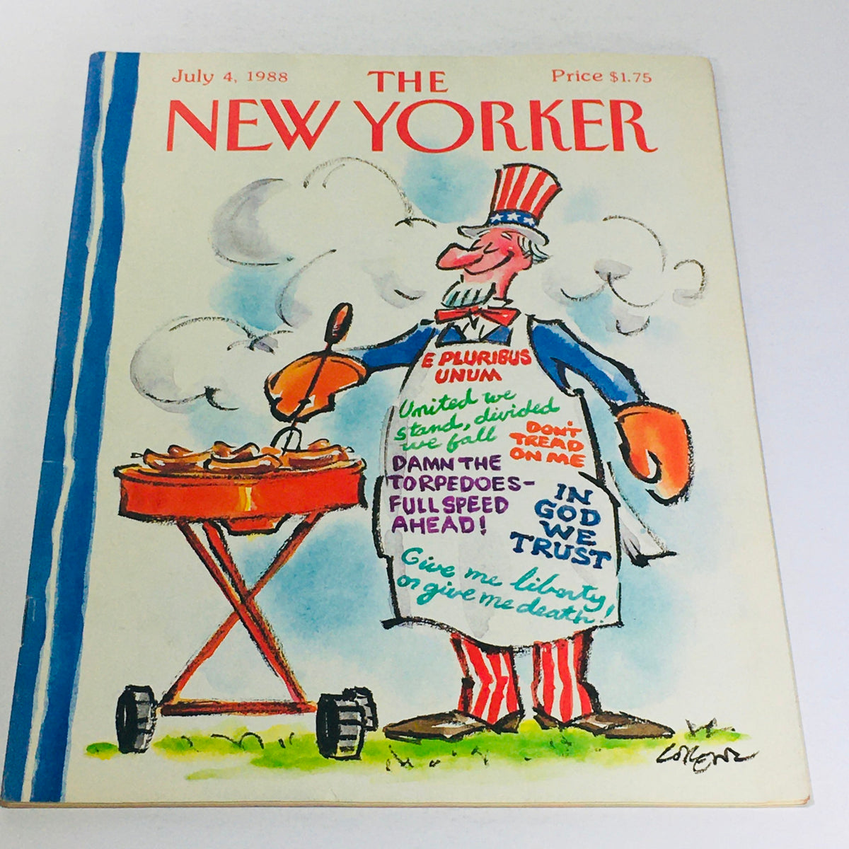 The New Yorker July 4 1988 magazine cover featuring a cartoon Uncle Sam grilling with patriotic phrases, illustrated by Lee Lorenz.