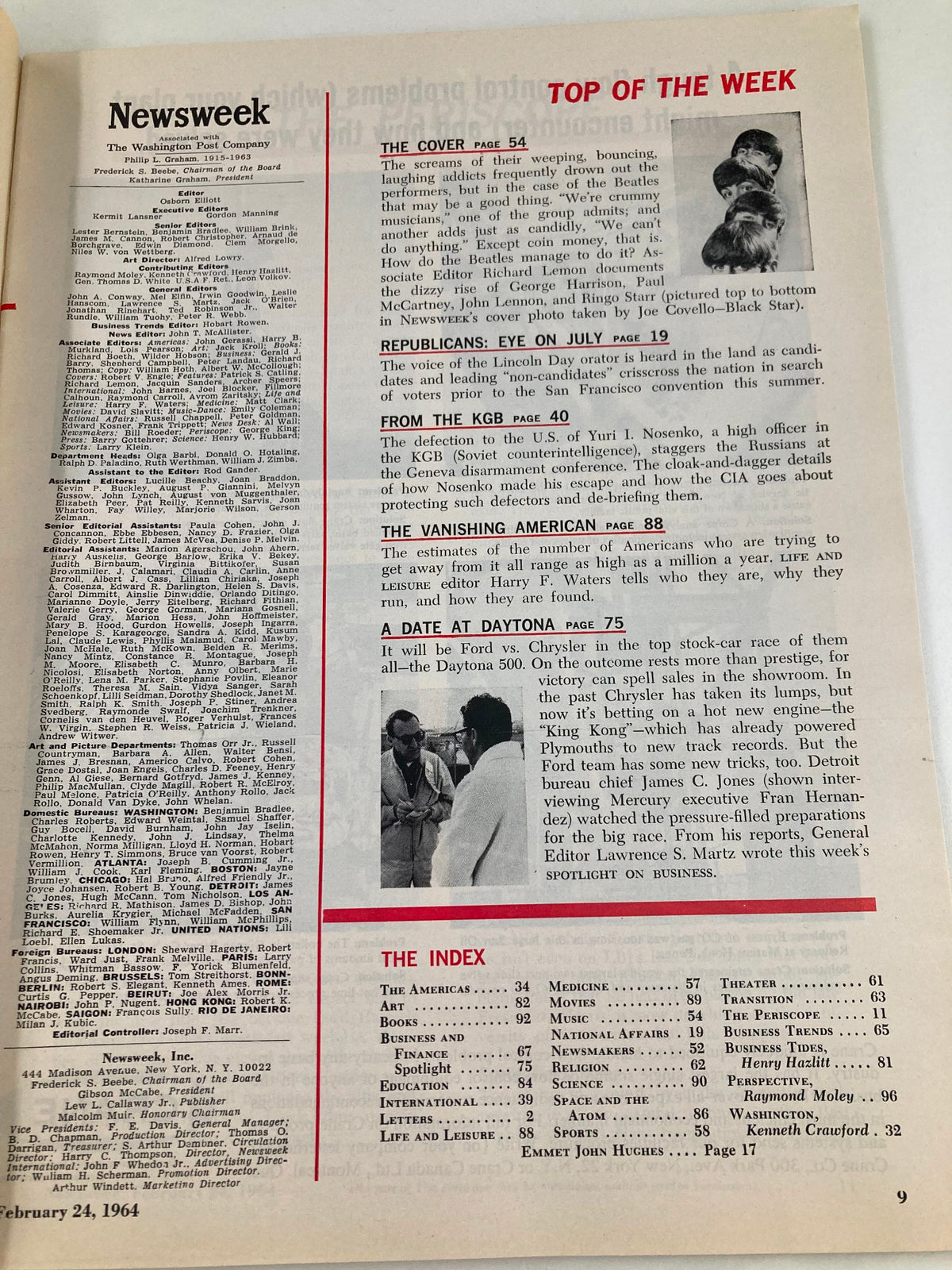 Interior page of VTG Newsweek Magazine dated February 24, 1964 featuring articles and highlights including the cover story on the Beatles titled 'Bugs About Beatles'. The layout includes an index and various feature topics relevant to the time.