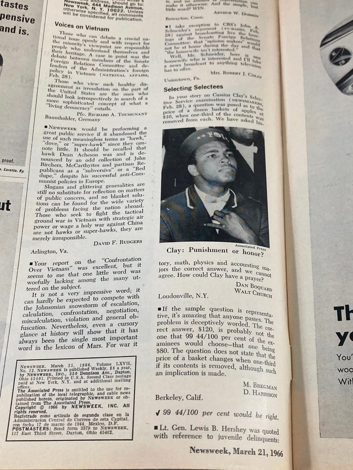 Interior page of the VTG Newsweek Magazine dated March 21, 1966, showcasing an article titled 'Voices on Vietnam,' alongside a photograph of a man in military attire.