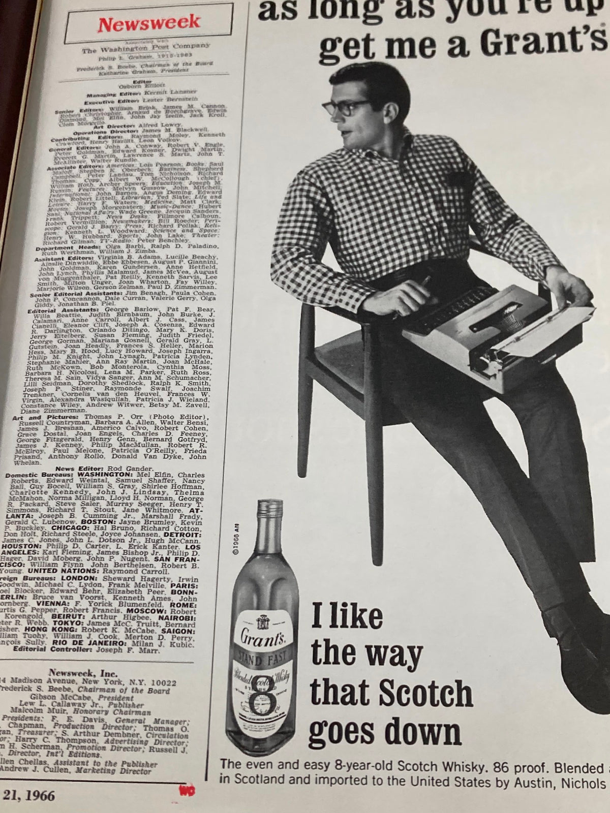 Inside page of VTG Newsweek Magazine from March 21, 1966 featuring a professional in a checked shirt and glasses, with an advertisement for Grant's Scotch Whisky alongside magazine staff credits.