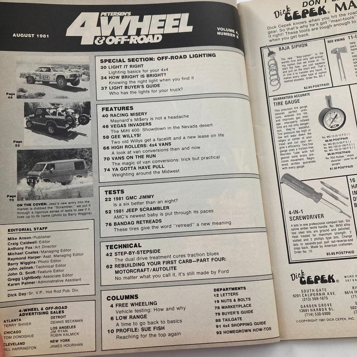 Inside pages of Petersen's 4 Wheel & Off-Road Magazine August 1981 featuring articles on off-road vehicles, racing events, and technical insights. The layout includes section titles, features like racing metrics, and product advertisements relevant to off-road enthusiasts and collectors.