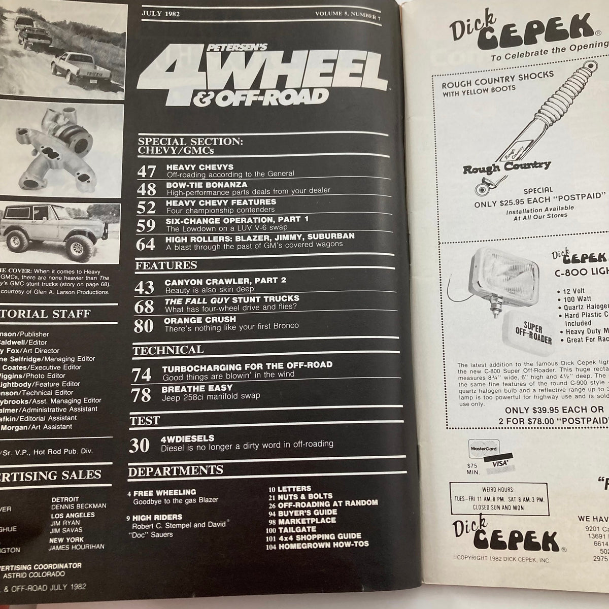 Interior page of Petersen's 4 Wheel & Off-Road Magazine July 1982 displaying the content table, including articles on Heavy Chevys, turbocharging techniques, and various performance parts.