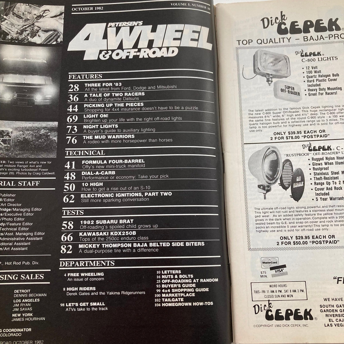 Petersen's 4 Wheel & Off-Road Magazine October 1982 cover showcasing the table of contents, featuring articles on off-roading, Jeep Mud Rodeo, and vehicle technology from the 1980s.