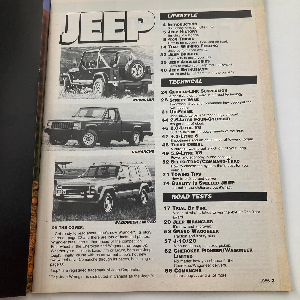 Interior pages of Petersen's 4 Wheel & Off-Road Magazine 1986 Complete Guide to Jeep displaying the table of contents with detailed sections on lifestyle, technical insights, and featured Jeep models including Wrangler and Comanche.