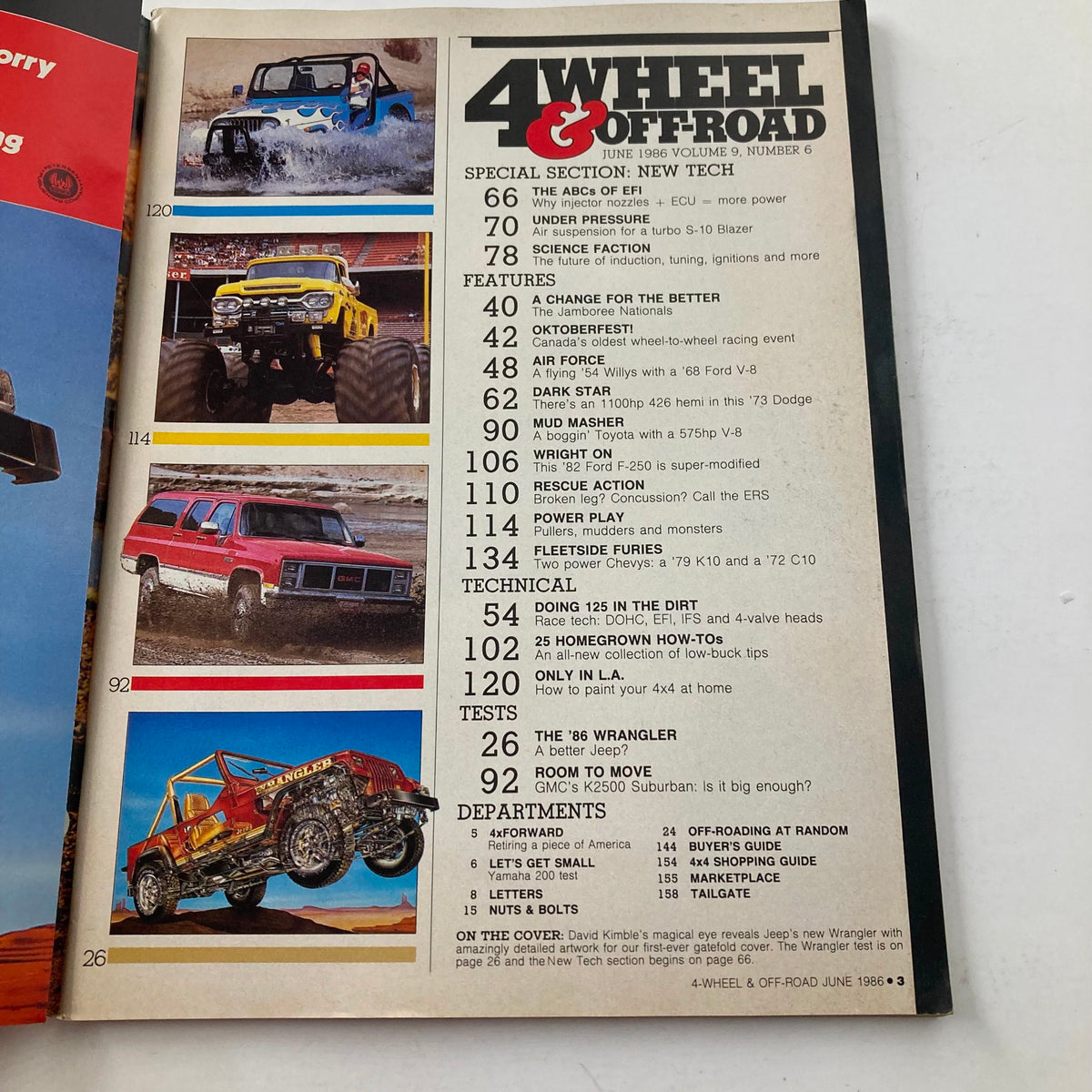 Inside page of VTG Petersen's 4 Wheel & Off-Road Magazine from June 1986 featuring article highlights including the Jeep Wrangler, technical sections, and off-road vehicle tests.