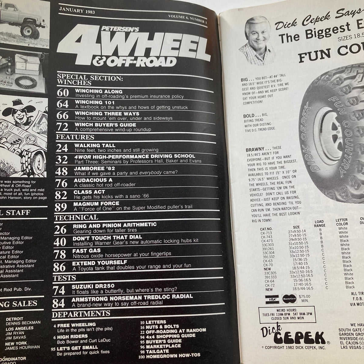 Inside page of Petersen's 4 Wheel & Off-Road Magazine January 1983 showcasing the table of contents, highlighting features and articles related to off-roading and technical guides.