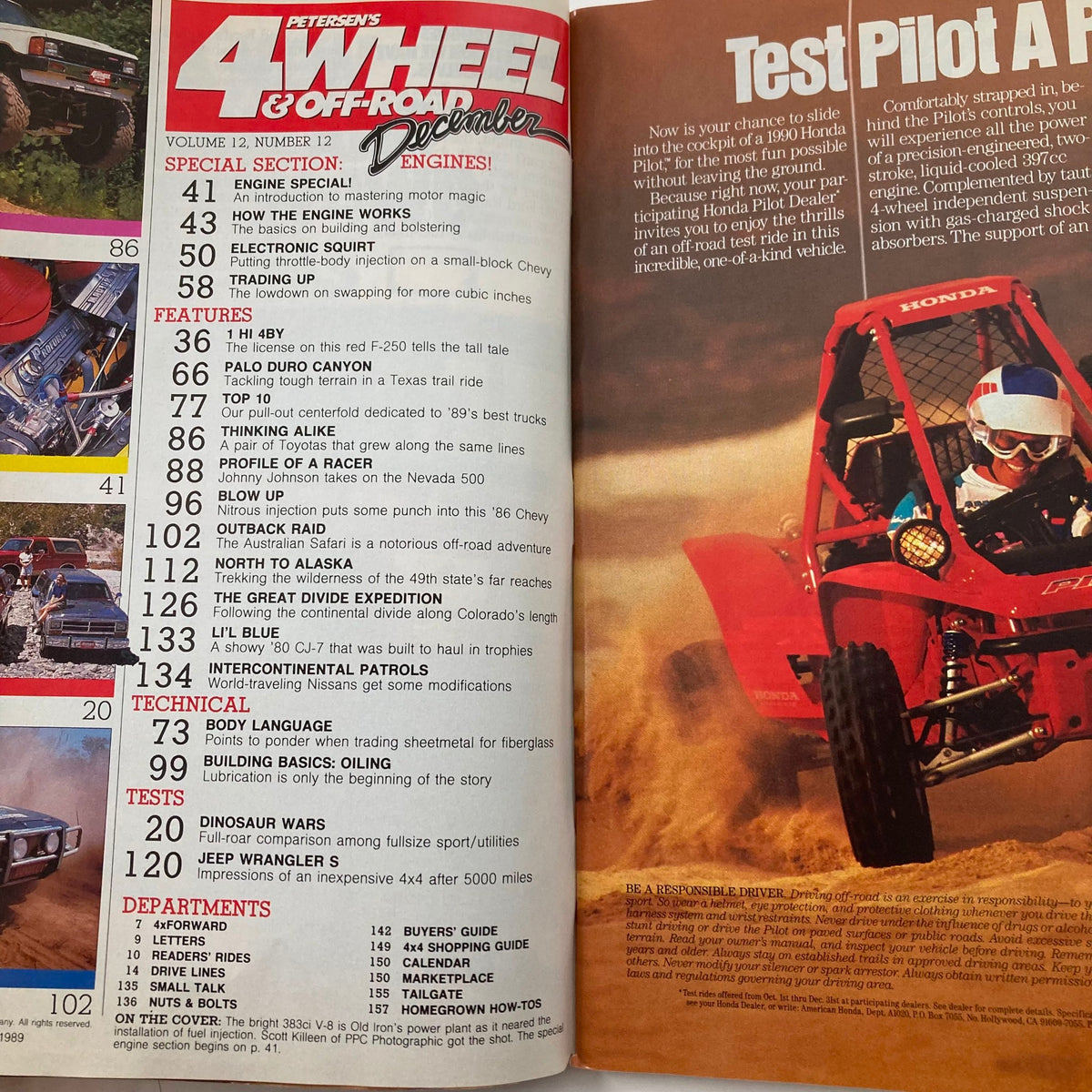 Inside spread of VTG Petersen's 4 Wheel & Off-Road Magazine December 1989, showcasing features on off-road engines, vehicles, and a test pilot article on a racing buggy.