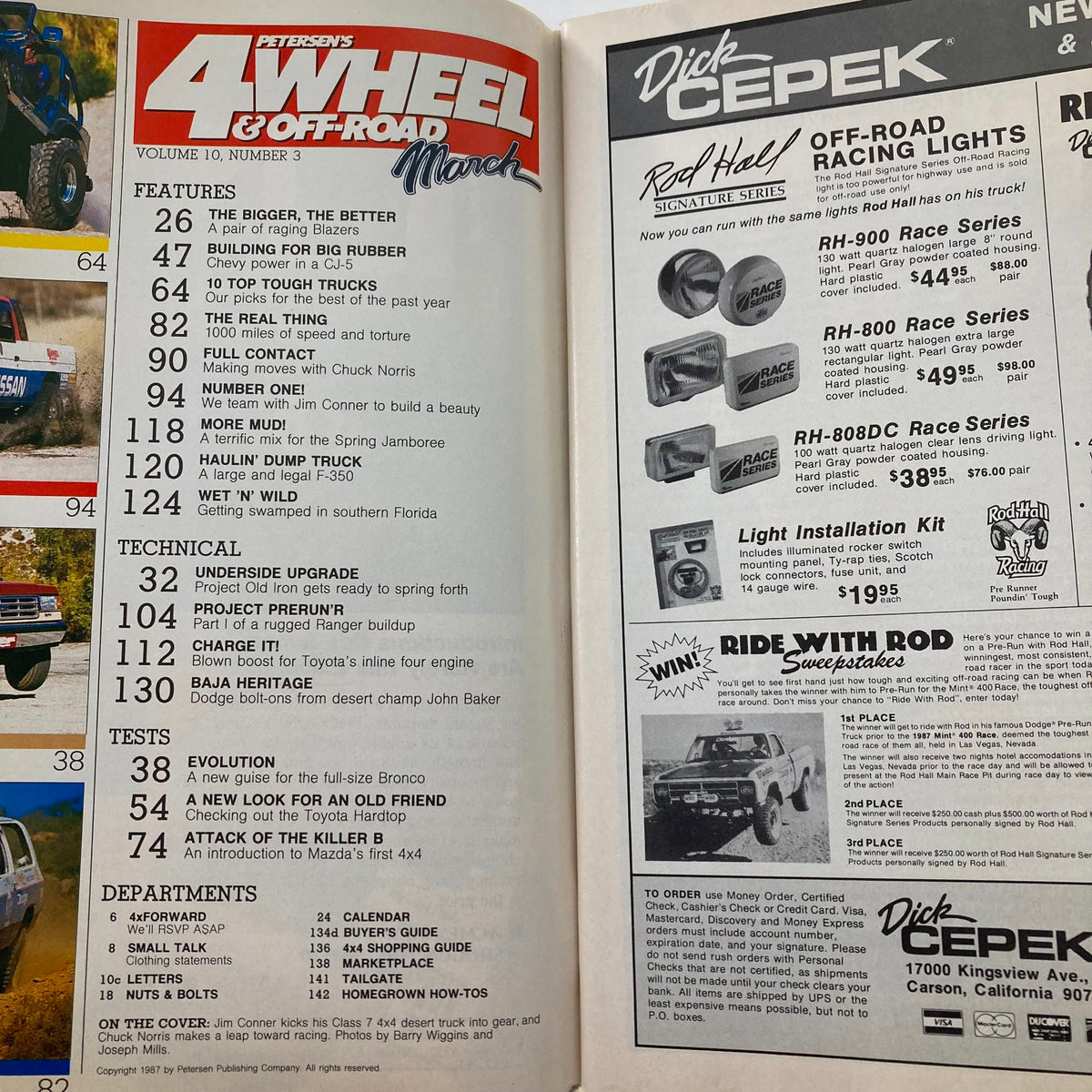 Petersen's 4 Wheel & Off-Road Magazine March 1987 featuring table of contents and advertisements. Highlights include action star Chuck Norris, automotive technology insights, and off-road adventures. Collectible issue for vintage magazine enthusiasts.