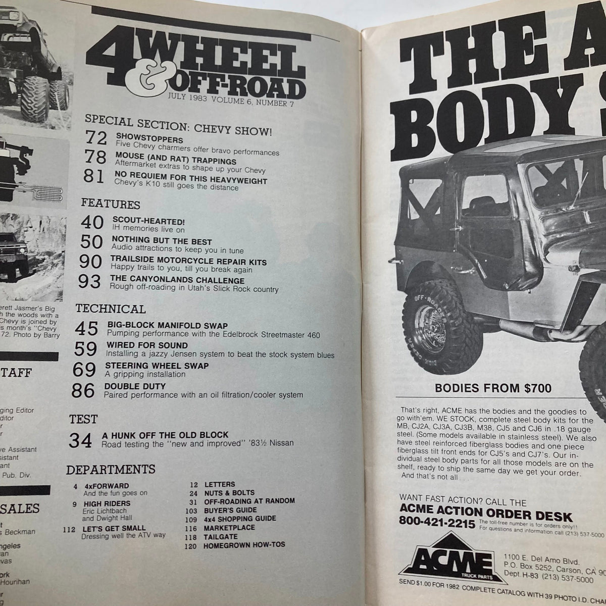 Interior page of Petersen's 4 Wheel & Off-Road Magazine, July 1983, displaying an article index with sections on big-block manifold swap and various off-road vehicle features.