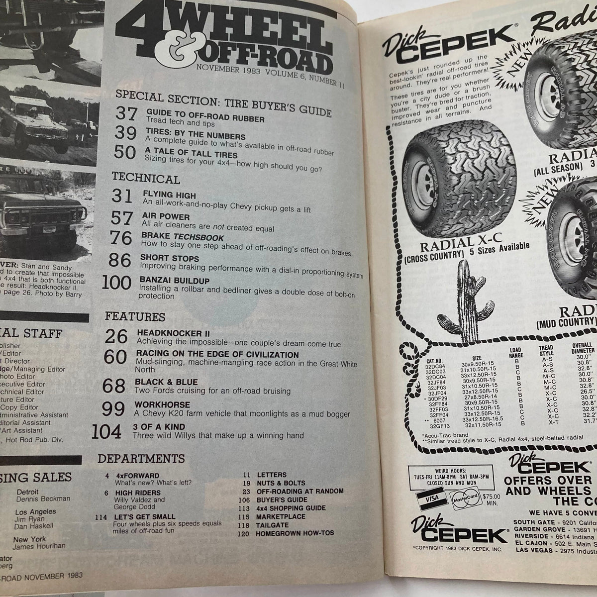 Interior page of VTG Petersen's 4 Wheel & Off-Road Magazine November 1983 featuring the Tire Buyer's Guide, technical articles, and advertisements for off-road tires.