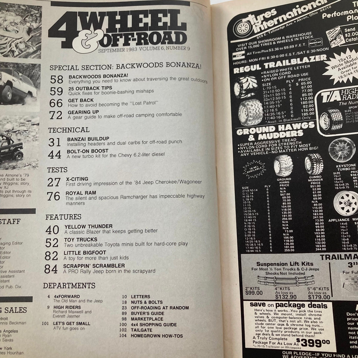 Petersen's 4 Wheel & Off-Road Magazine September 1983 contents page featuring articles on off-road tips, technical features, and vehicle tests related to the Backwoods Bonanza theme.