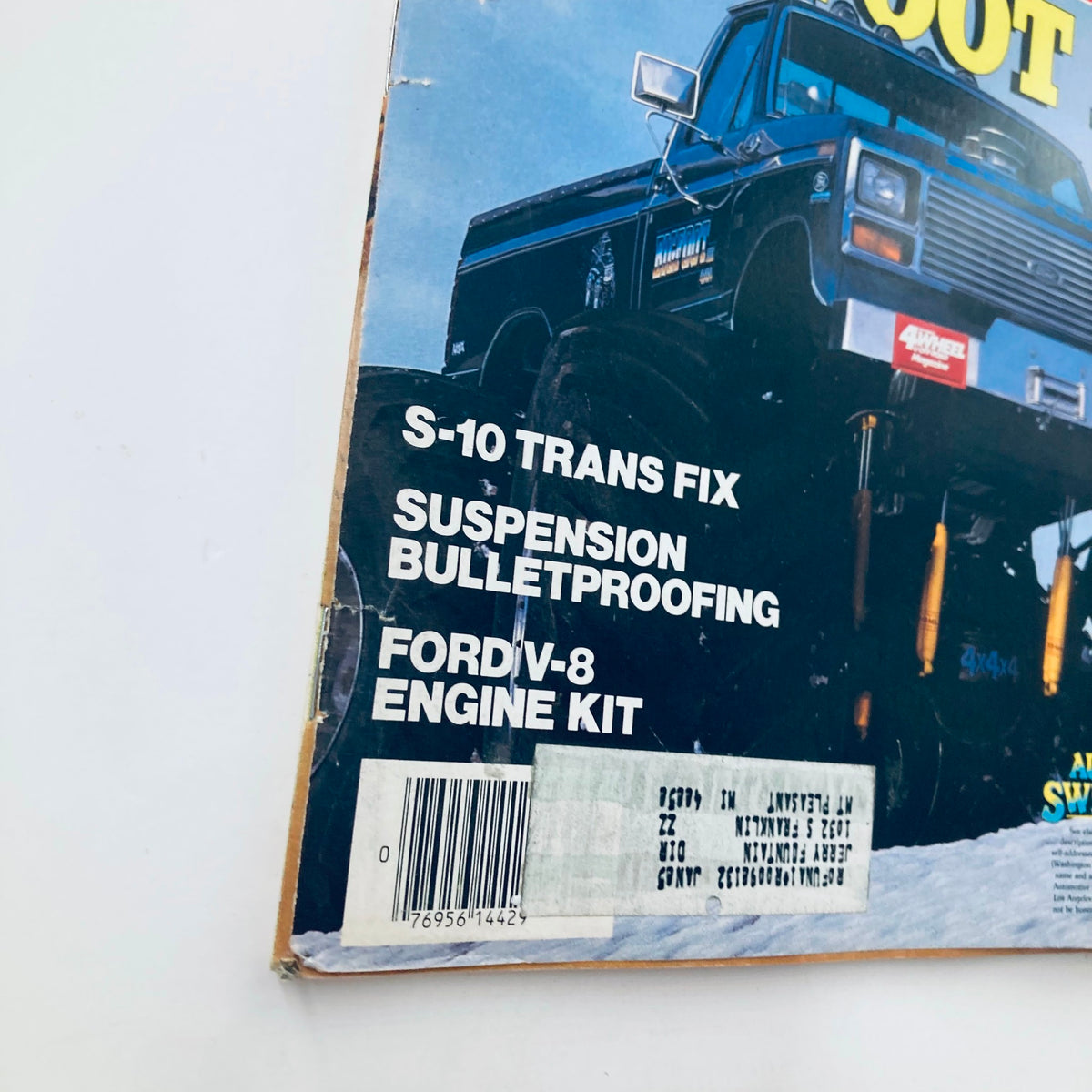 Cover detail of VTG Petersen's 4 Wheel & Off-Road Magazine May 1984, featuring the Bigfoot III with highlighted specifications including 'S-10 Trans Fix', 'Suspension Bulletproofing', and 'Ford V-8 Engine Kit'.