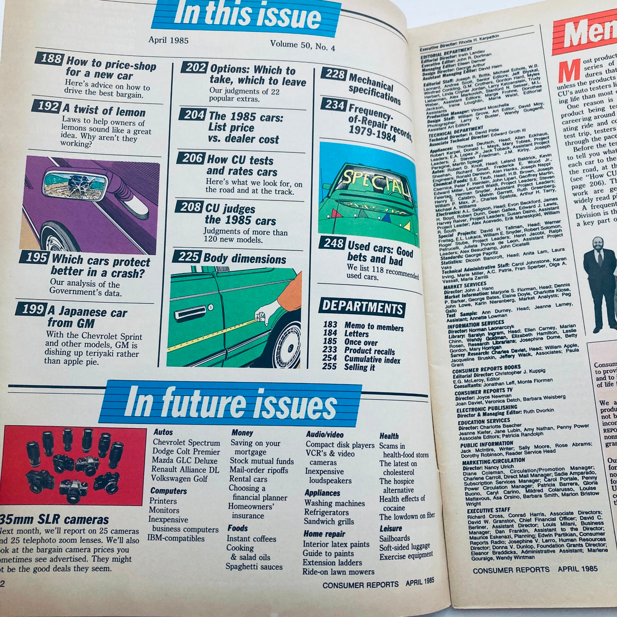 Inside pages of VTG Consumer Reports Magazine April 1985, Vol 50 No. 4 showcasing articles like car pricing, safety ratings, and automotive reviews.