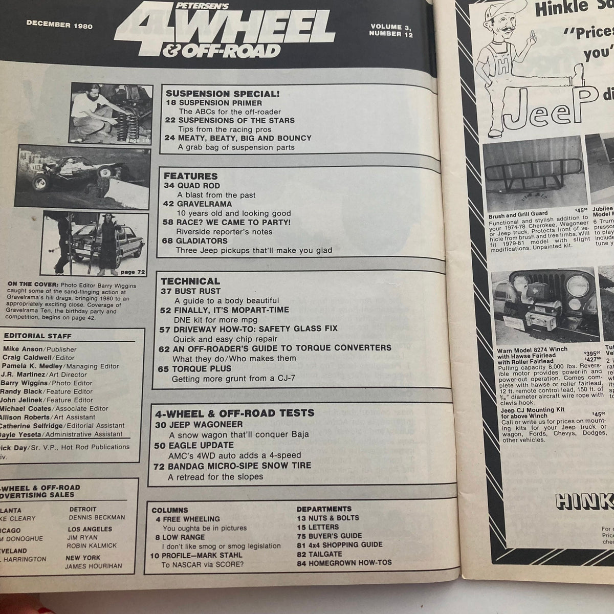 Interior page of Petersen's 4 Wheel & Off-Road Magazine, December 1980, showing the table of contents with features on suspension tips, the 'Gravelrama' event, and various technical guides including 'How-To Bust Rust' and vehicle testing sections.