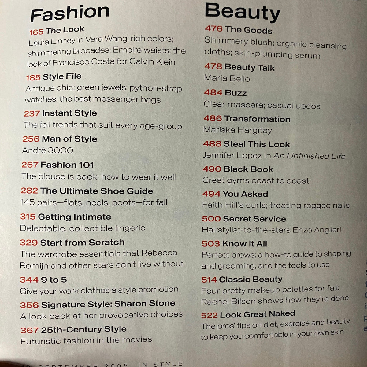Interior page of InStyle Magazine September 2005 listing fashion and beauty articles, including 'The Look' and 'The Ultimate Shoe Guide', enhancing the vintage magazine experience.