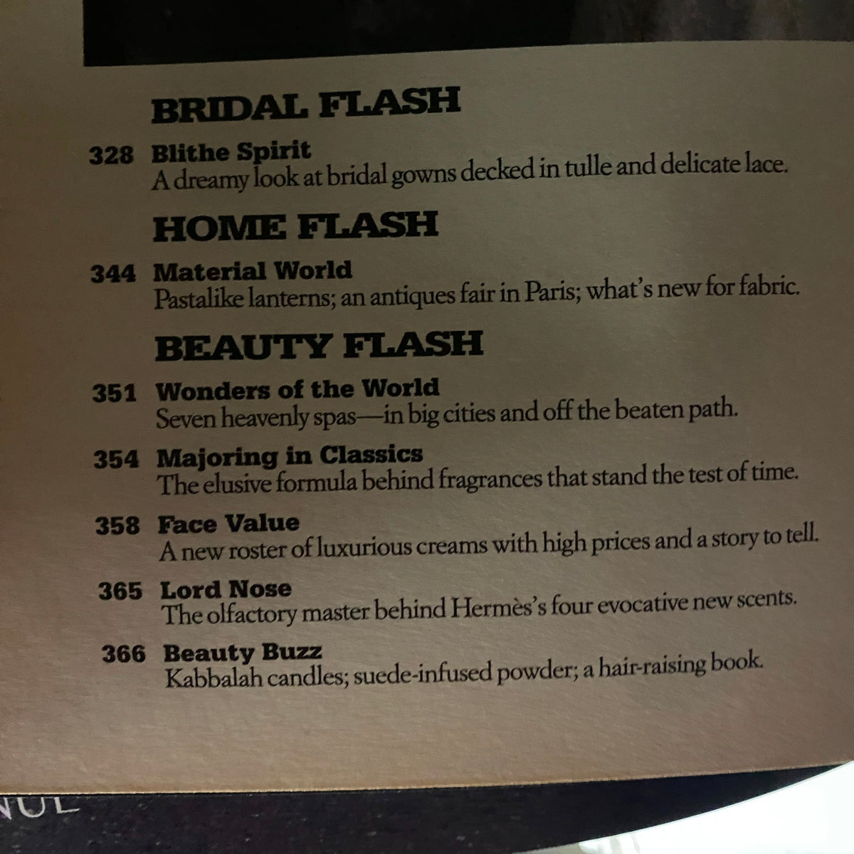 Table of contents from W Magazine September 2004, featuring articles on bridal fashion, home décor, and beauty trends of the early 2000s.