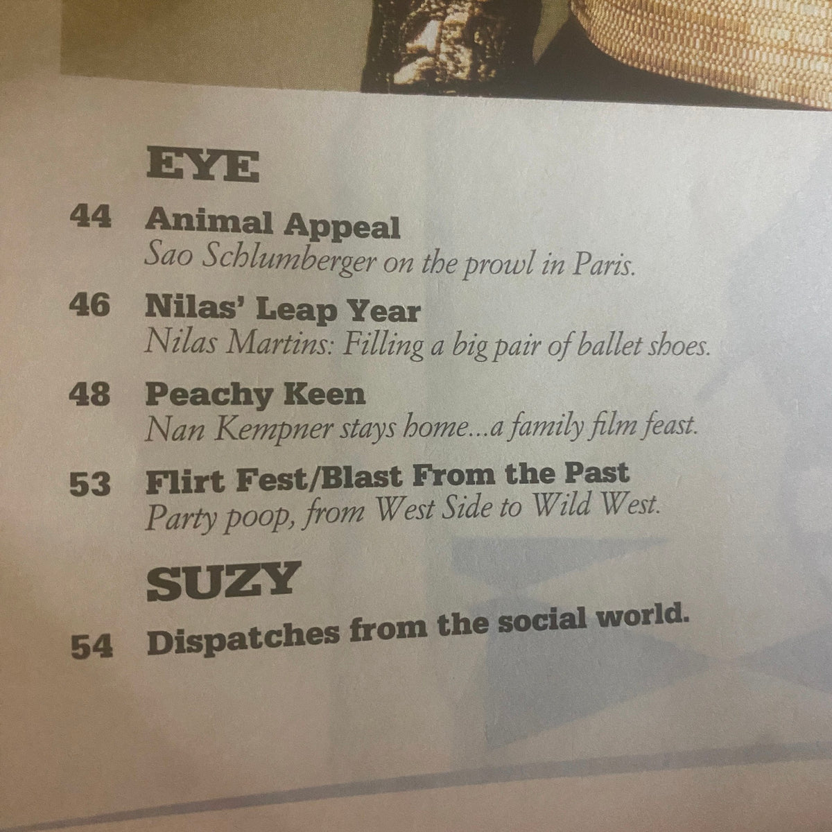 Interior page from W Magazine June 1996 showcasing article titles including 'Animal Appeal' and 'Flirt Fest/Blast From the Past', reflecting the vibrant cultural landscape of the 1990s.