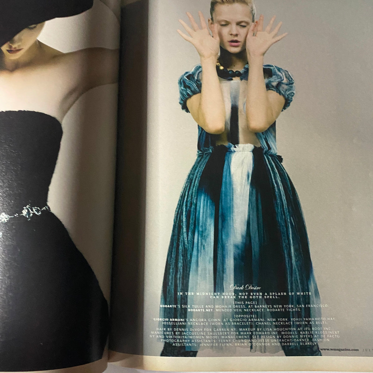 Interior spread from W Magazine July 2008 featuring a model in a striking dress, highlighting the fashion trends of the late 2000s.