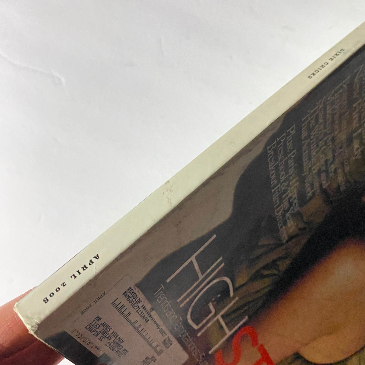 Side view of W Magazine April 2008 showcasing the magazine spine with the publication month and year visible, emphasizing its vintage appeal.