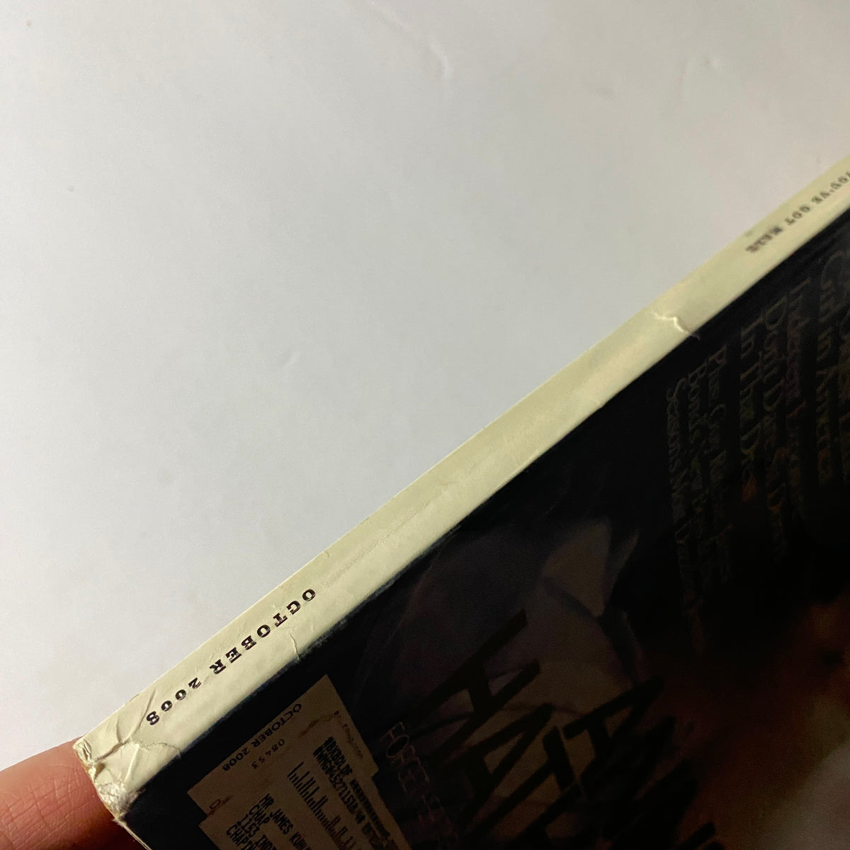 Side view of W Magazine October 2008 issue showcasing the publication date and its vintage condition.