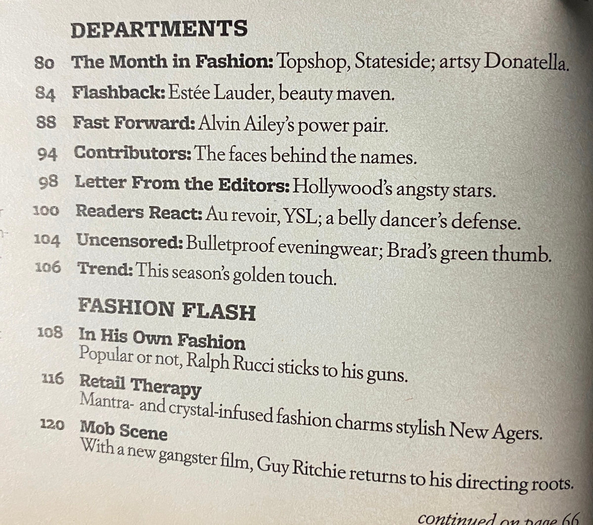 Contents page of W Magazine October 2008 detailing fashion features and articles during a vibrant era in pop culture.