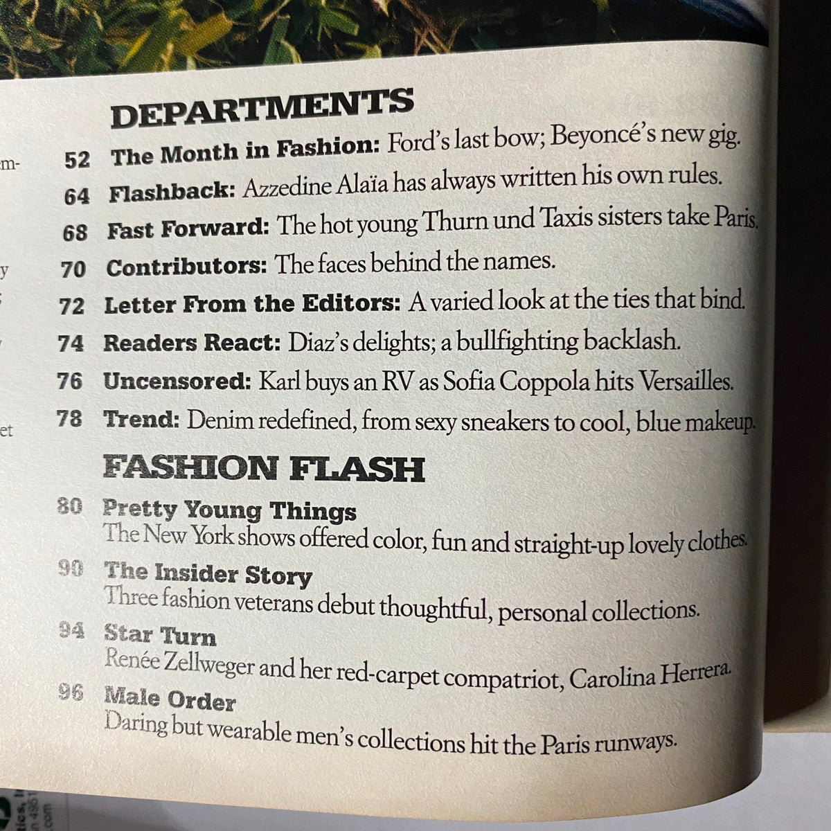 Interior page from W Magazine April 2004 detailing departments including fashion flash, articles about style, celebrities, and trends.