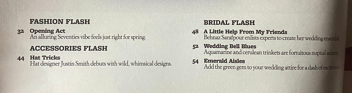 Interior page of the W Magazine January 2008, detailing fashion highlights and accessories trends, including sections on bridal and fashion flashes that reflect early 2008 styles.