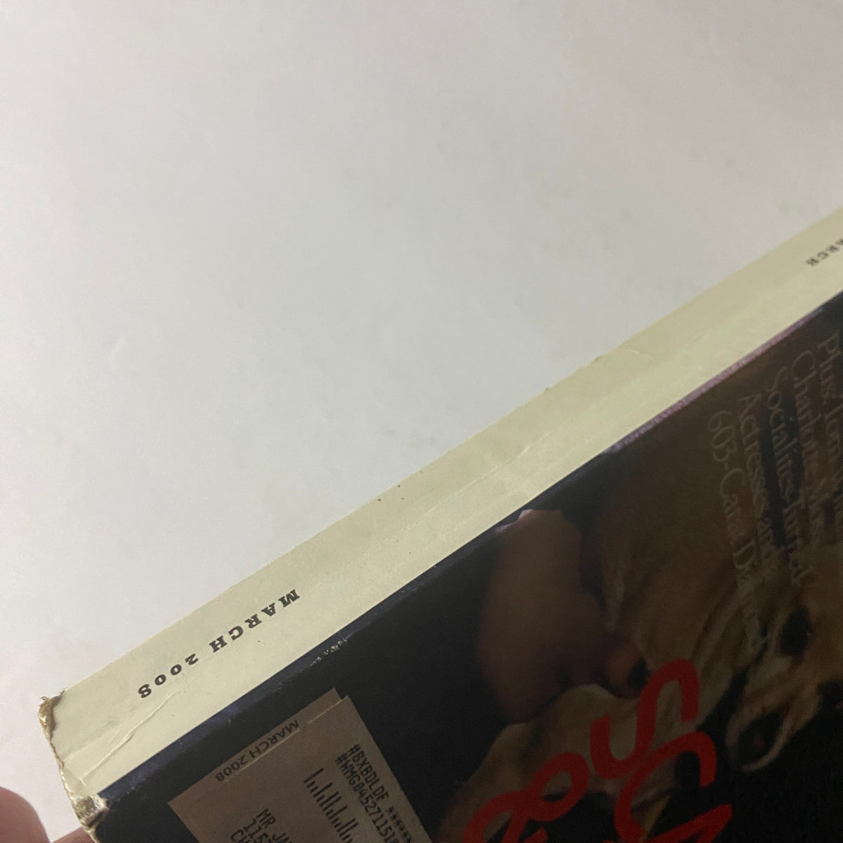 Side view of W Magazine March 2008, highlighting the spine and publication details.