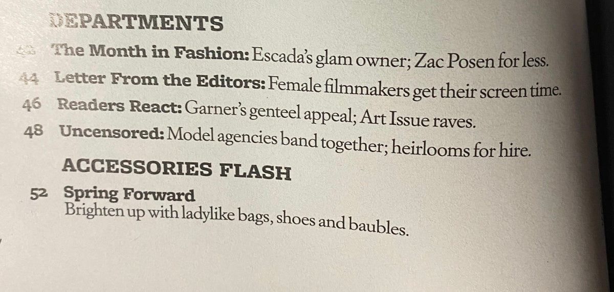 Departments section from W Magazine February 2010 issue featuring topics like fashion and female filmmakers.