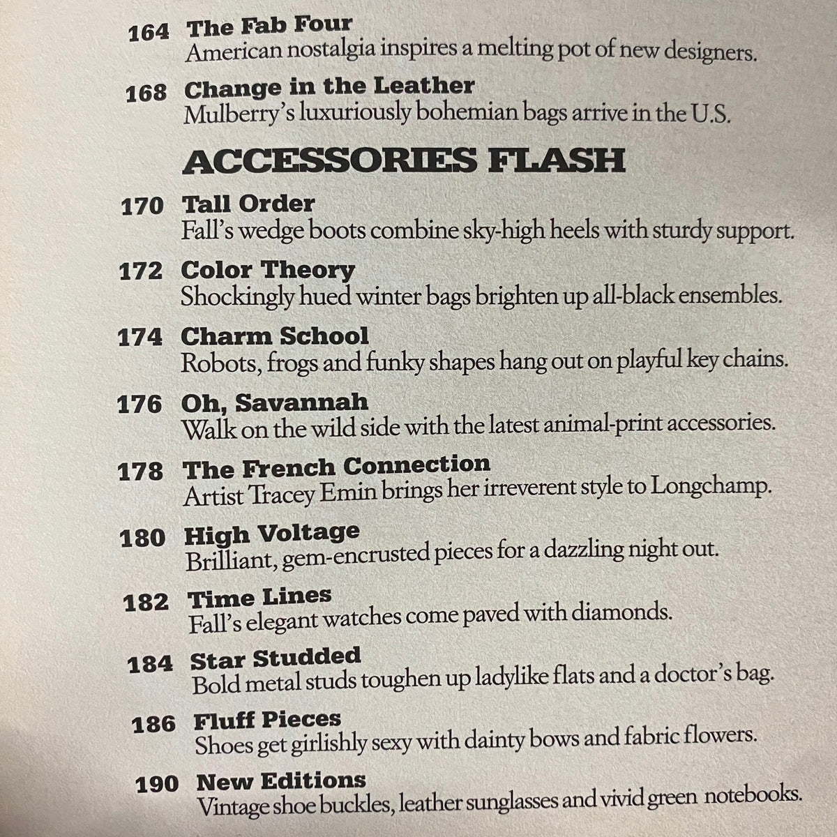 Interior page of W Magazine October 2004, featuring a contents section that includes articles like 'The Fab Four' and 'Accessories Flash', showcasing the editorial focus on contemporary fashion trends.