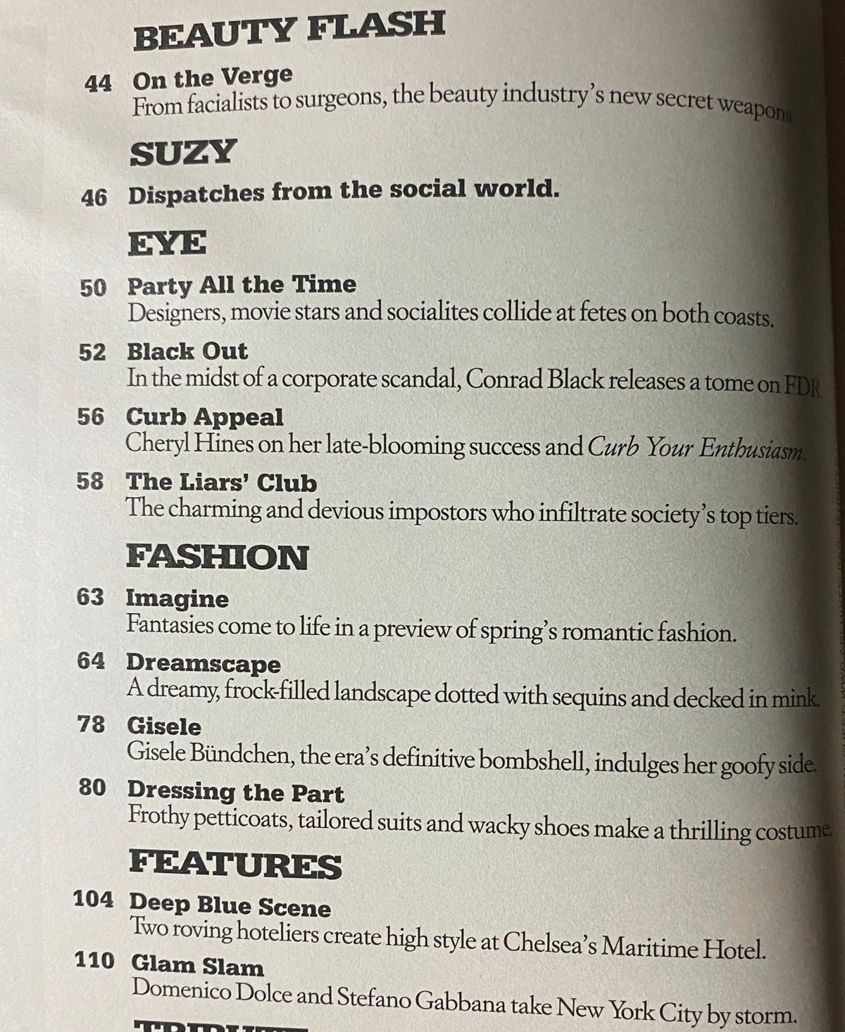 Inside page of W Magazine January 2004 showcasing articles like 'Beauty Flash' and 'Fashion', highlighting Gisele Bündchen's influence and contemporary styles in the fashion industry.