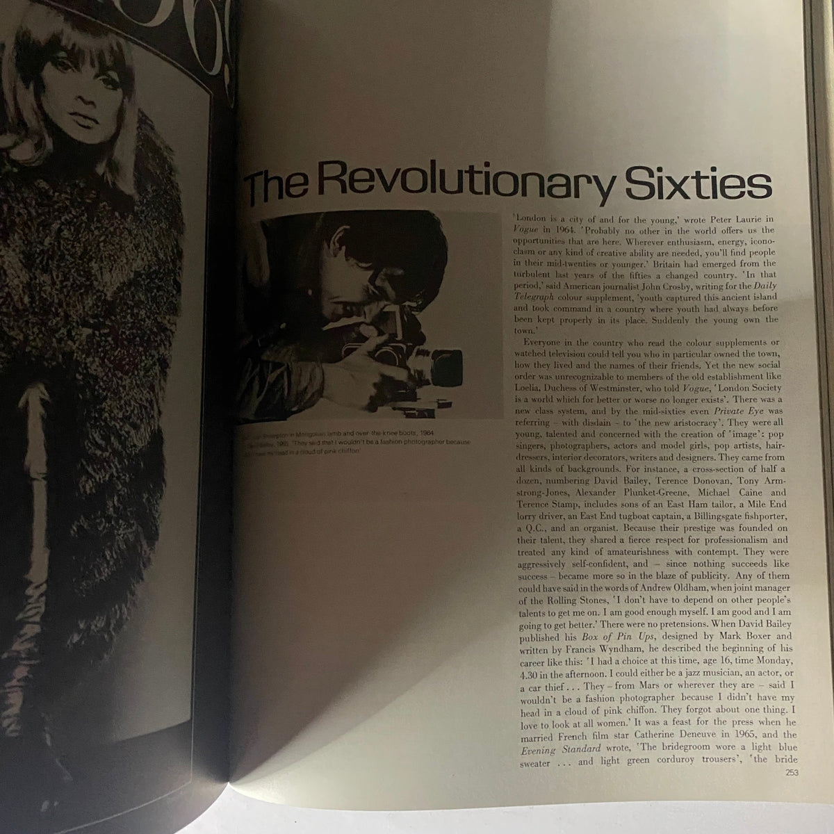 Page from 'In Vogue: Sixty Years of Celebrities and Fashion from British Vogue' discussing the Revolutionary Sixties, featuring fashion photography and text.