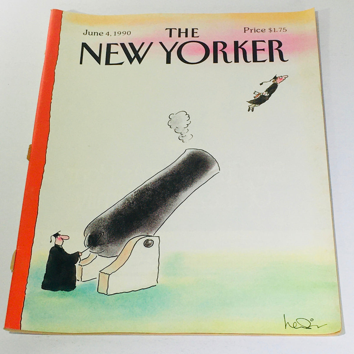 The New Yorker: June 4 1990 cover featuring a whimsical illustration by Arnie Levin, depicting a character operating a cannon with a humorous twist. This magazine showcases unique artwork and cultural commentary.