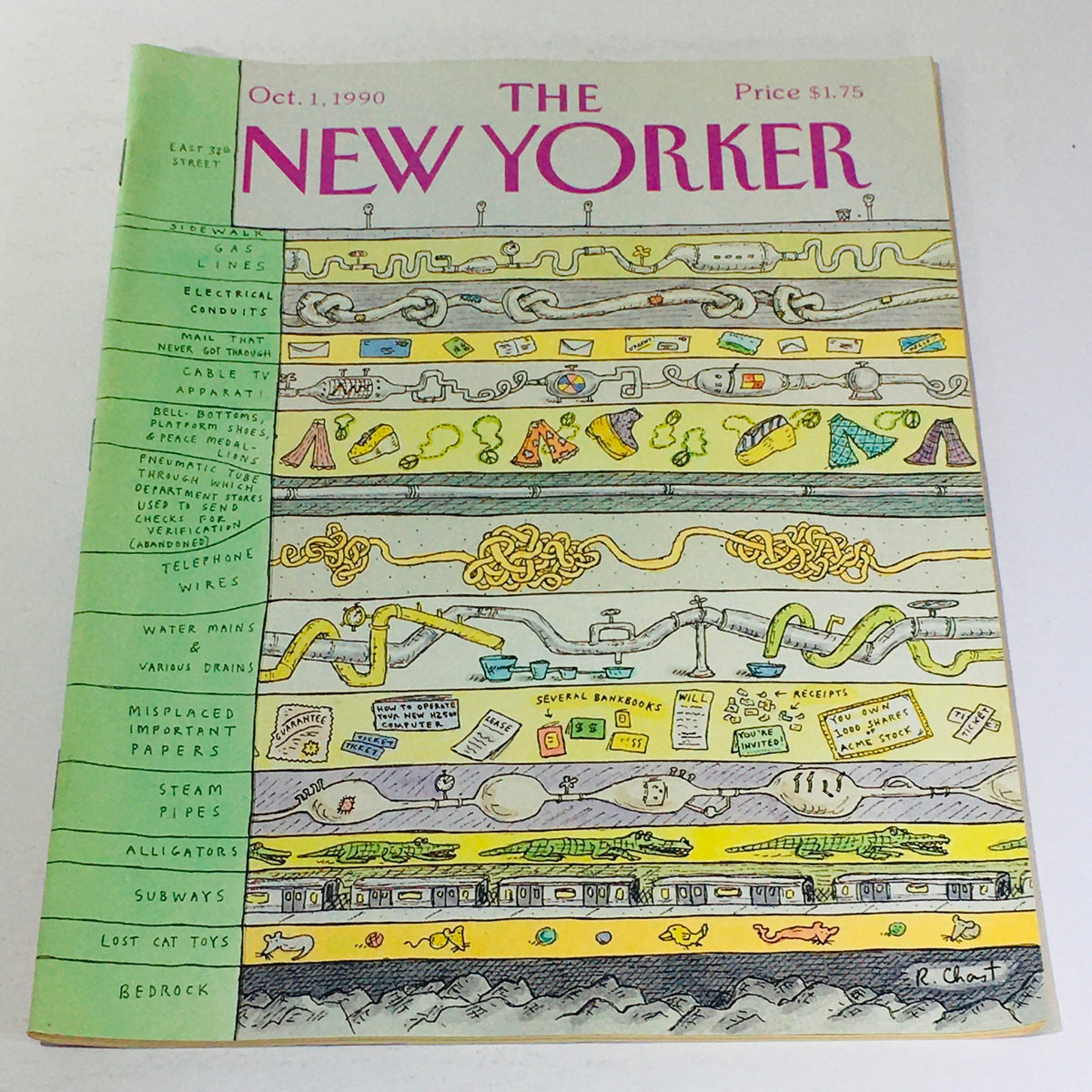 The New Yorker: October 1 1990, vintage magazine cover by cartoonist Roz Chast, featuring whimsical illustrations depicting various urban elements like sidewalks, gas lines, and lost cat toys, reflecting cultural themes of the early 90s.