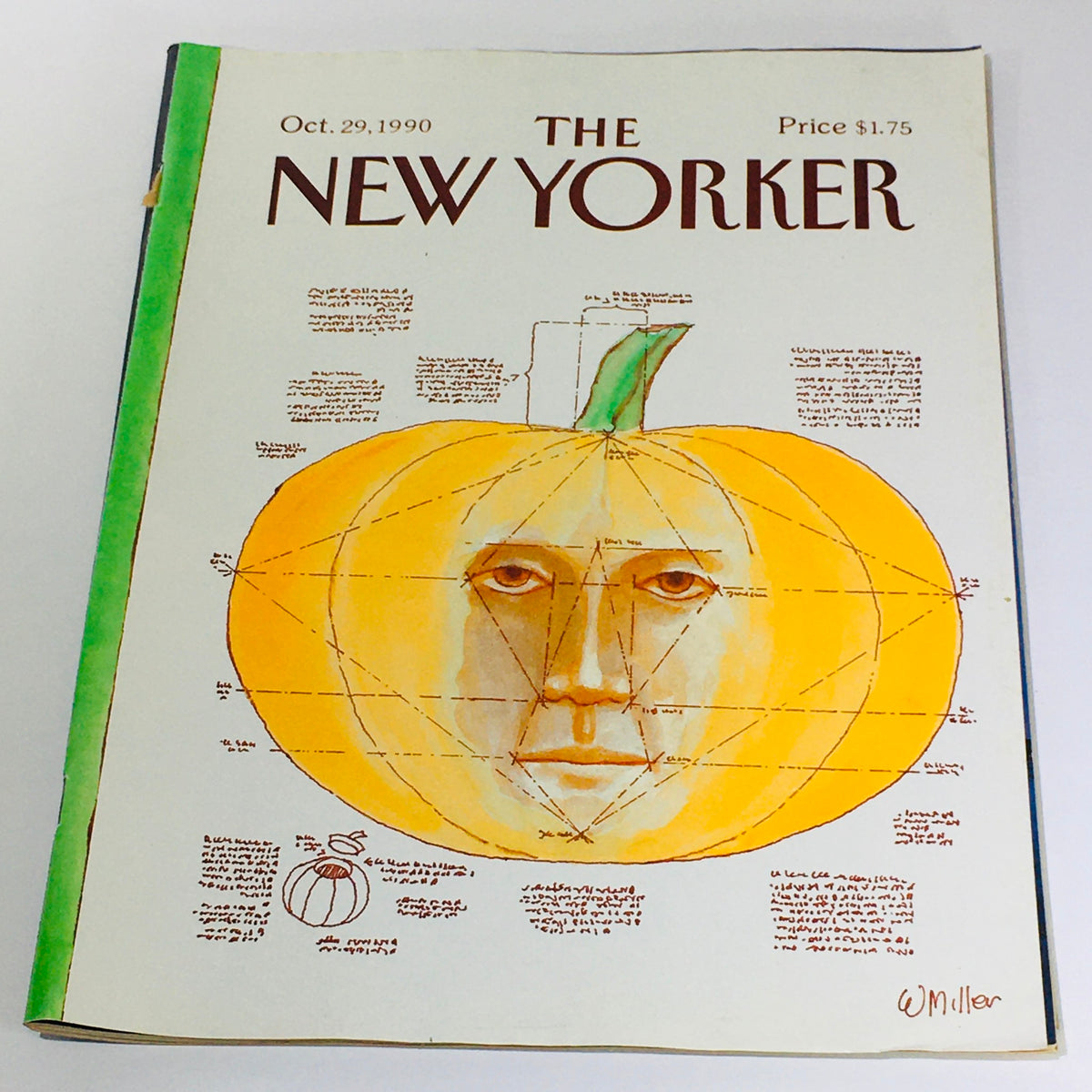 The New Yorker Magazine October 29 1990 featuring a Halloween Pumpkin cover illustration by Warren Miller, showcasing a creative design with a pumpkin and facial features, reflecting the spirit of Halloween.