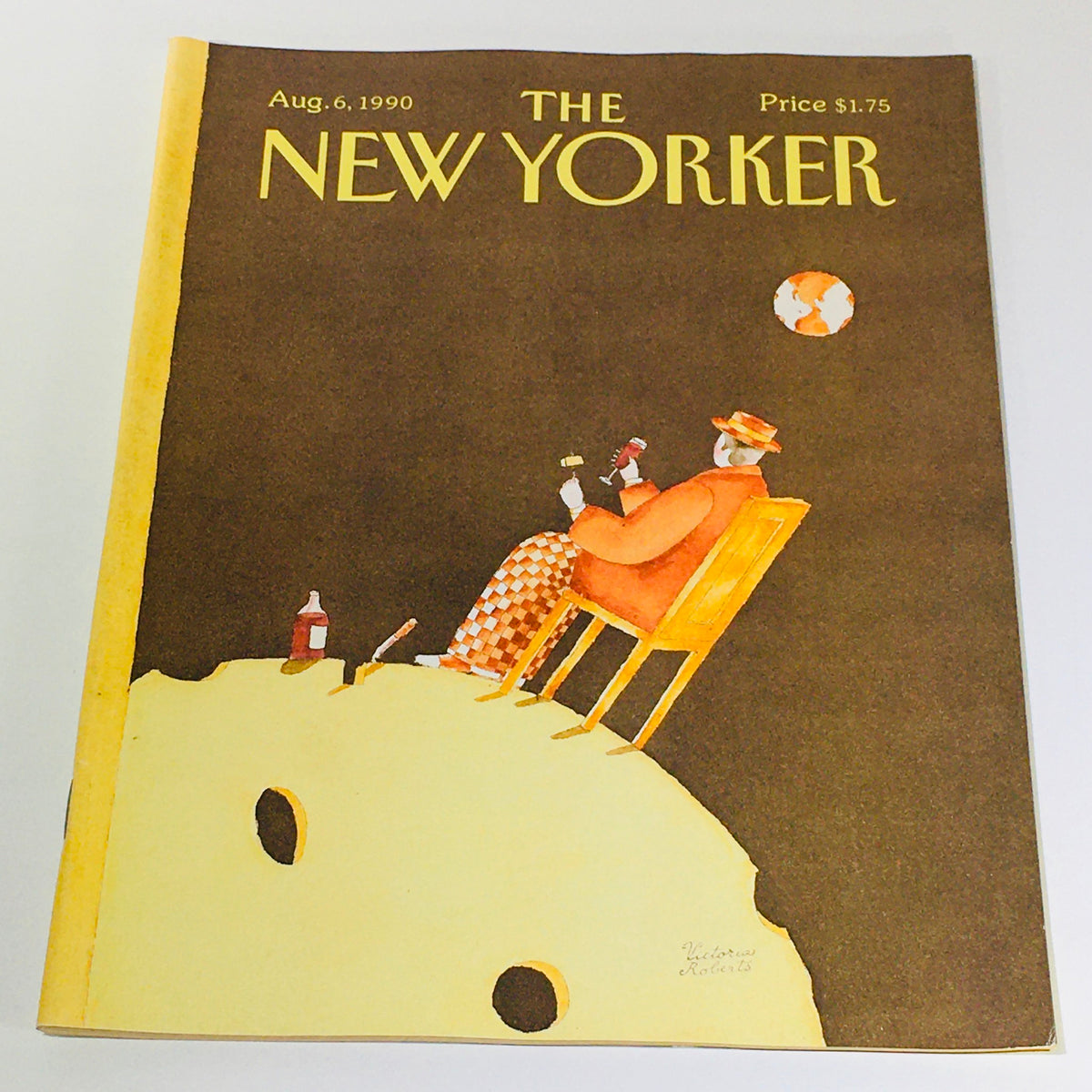 Cover of The New Yorker magazine, August 6, 1990, featuring an illustration by Victoria Roberts of a person seated on a cheese-like surface, enjoying beverages, under a starry night sky. Price listed as $1.75.