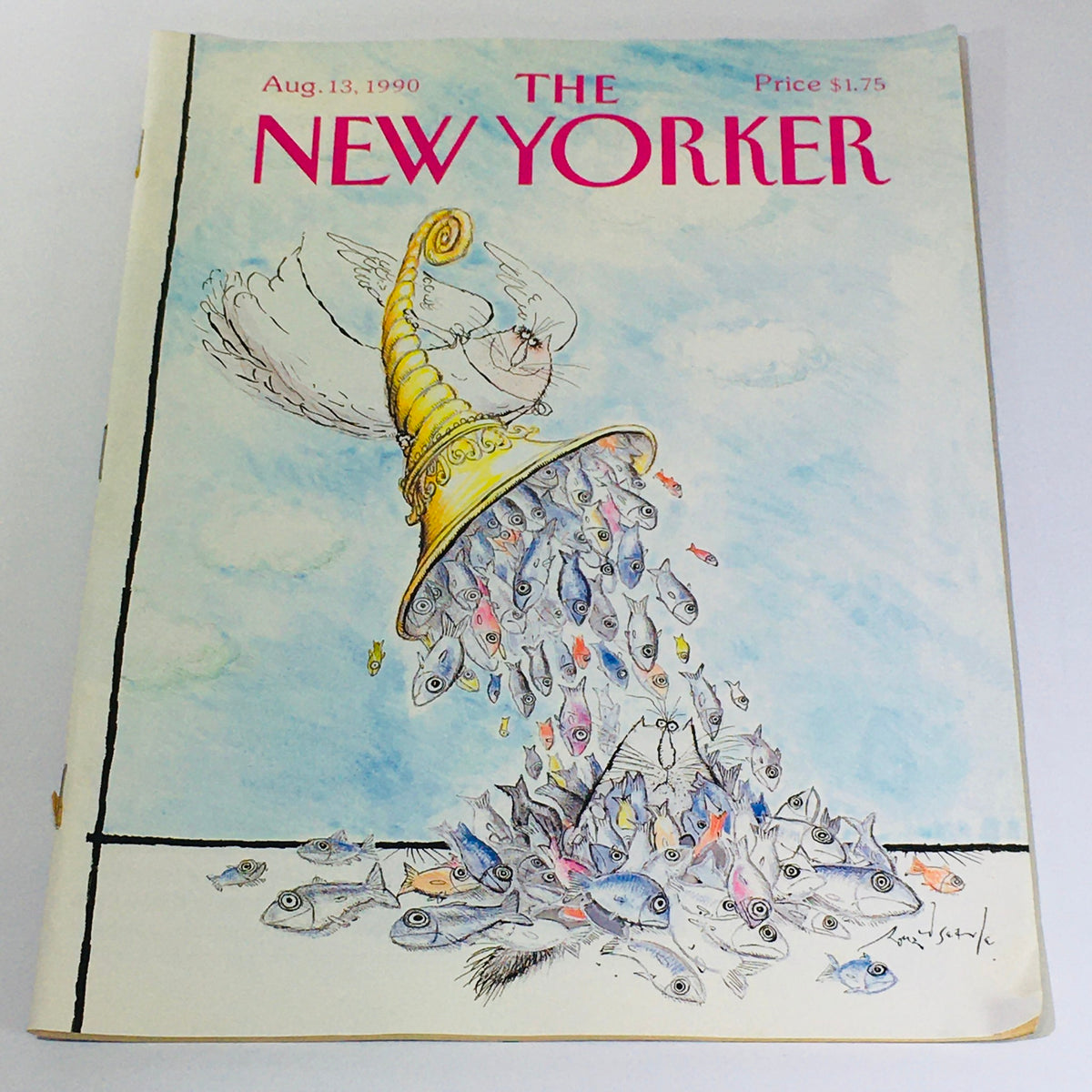 Cover of The New Yorker Magazine, August 13, 1990, featuring the illustration 'Angel Blow Fishes' by Ronald Searle, depicting a whimsical scene with a horn pouring out colorful fish.