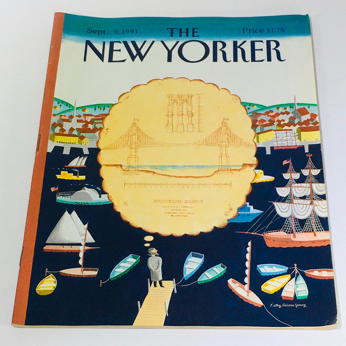 Cover of The New Yorker Magazine from September 9, 1991, featuring artistic illustration of the Brooklyn Bridge by Kathy Oslen Young, surrounded by boats and a coastal scene.