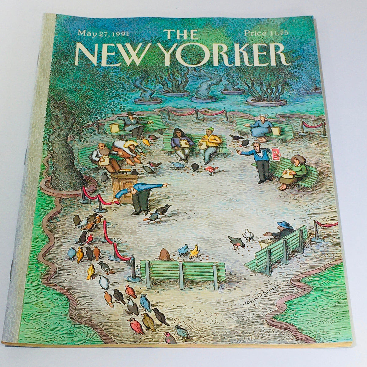 Vintage cover of The New Yorker magazine from May 27, 1991, illustrated by John O'Brien, featuring a colorful scene with people and birds in a park setting.