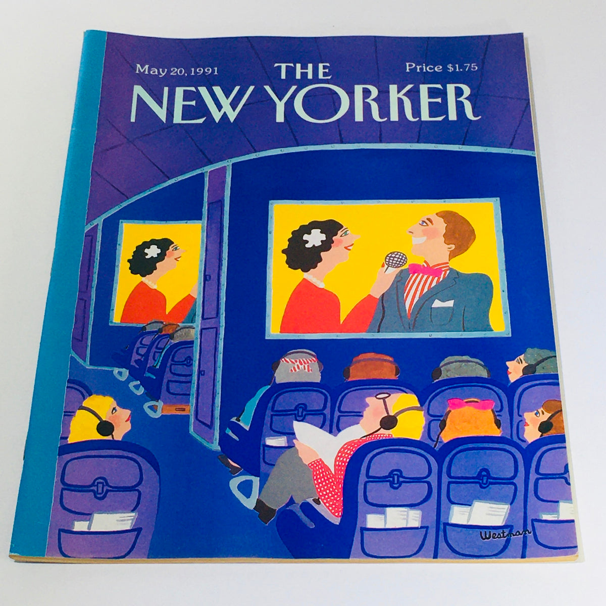 Cover of The New Yorker Magazine from May 20, 1991, featuring an illustration of passengers watching a movie on board an airplane, titled 'Movies On Board' by Barbara Westman.