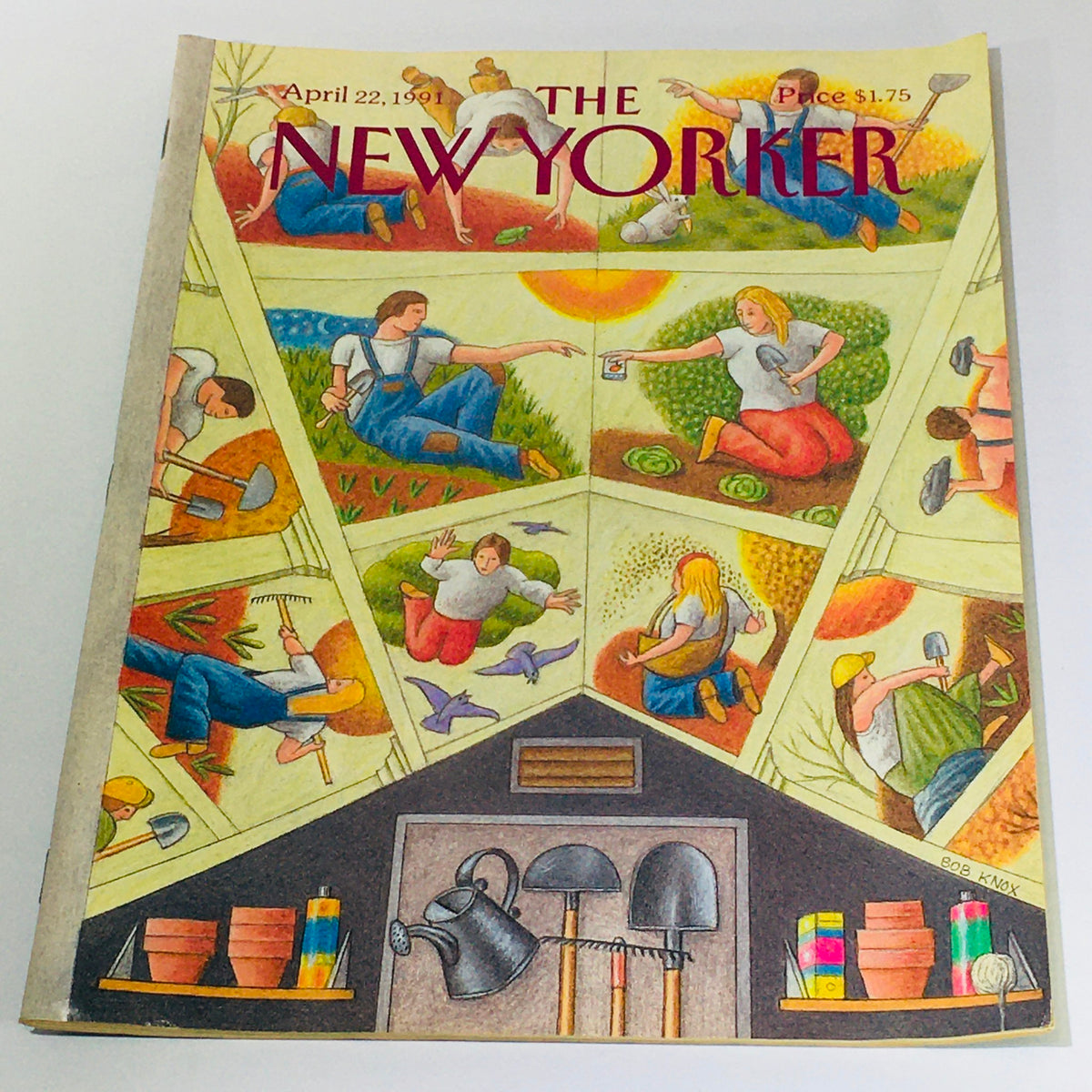 Cover of The New Yorker: April 22, 1991, featuring artistic illustration by Bob Knox, depicting various gardening scenes with vibrant colors and intricate details.