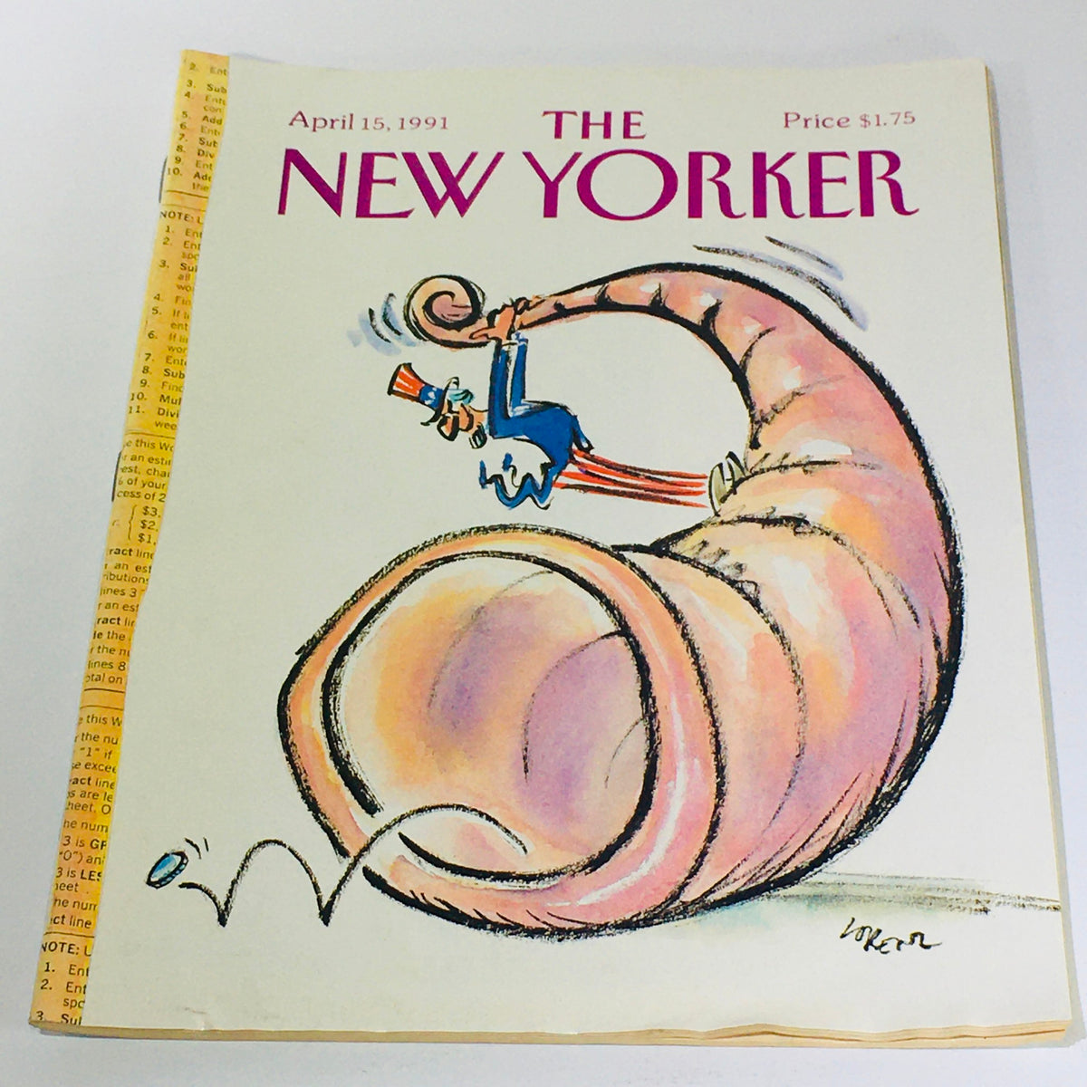 Cover of The New Yorker Magazine from April 15, 1991, featuring whimsical artwork titled 'A Curnocopia' by Ed Koren, showcasing a playful illustration with a character interacting with an oversized horn-like structure.