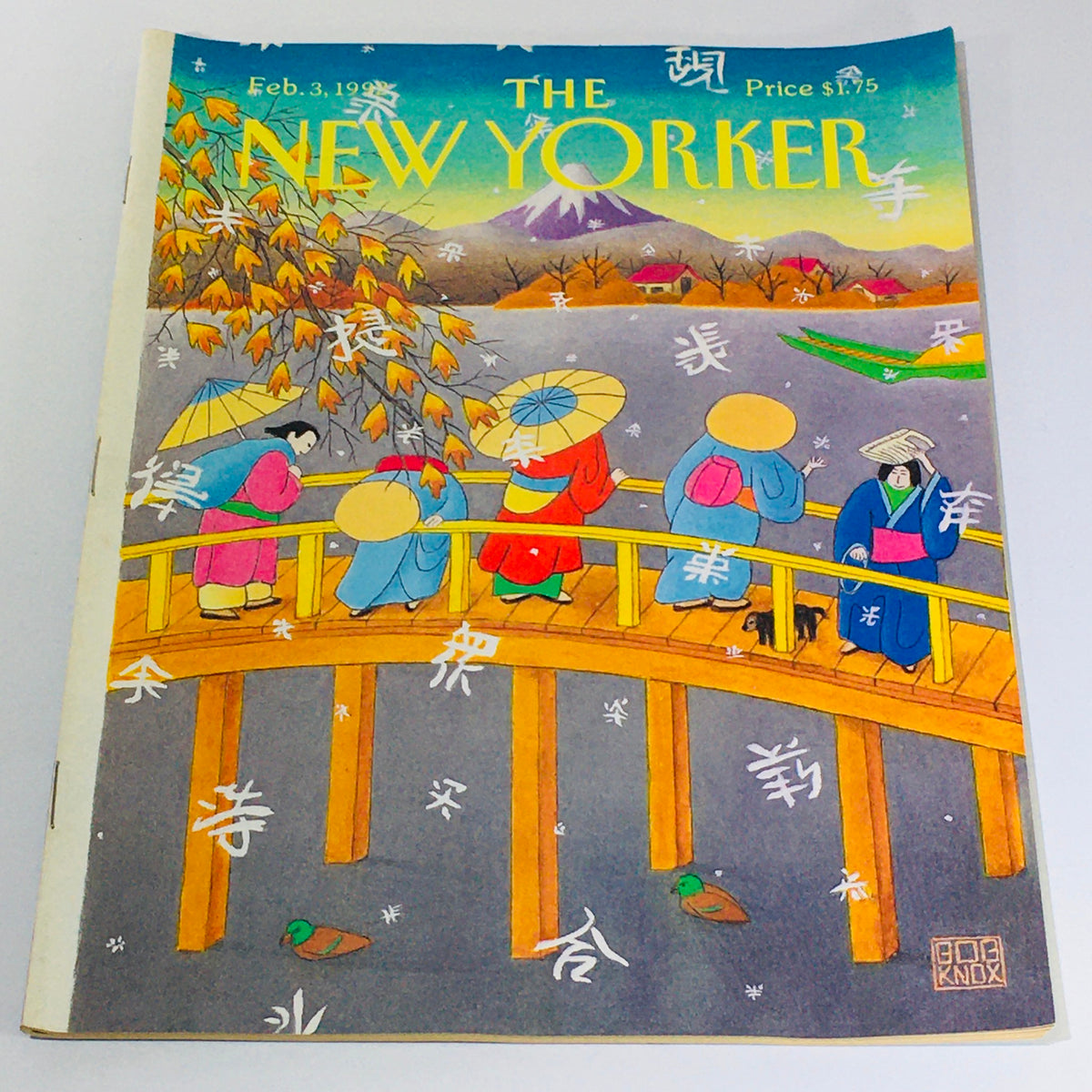 The New Yorker Magazine cover from February 3, 1992 featuring the artwork titled 'Japan's Geisha on the Bridge' by Bob Knox, depicting geishas on a wooden bridge with autumn leaves, alongside scenic mountains.