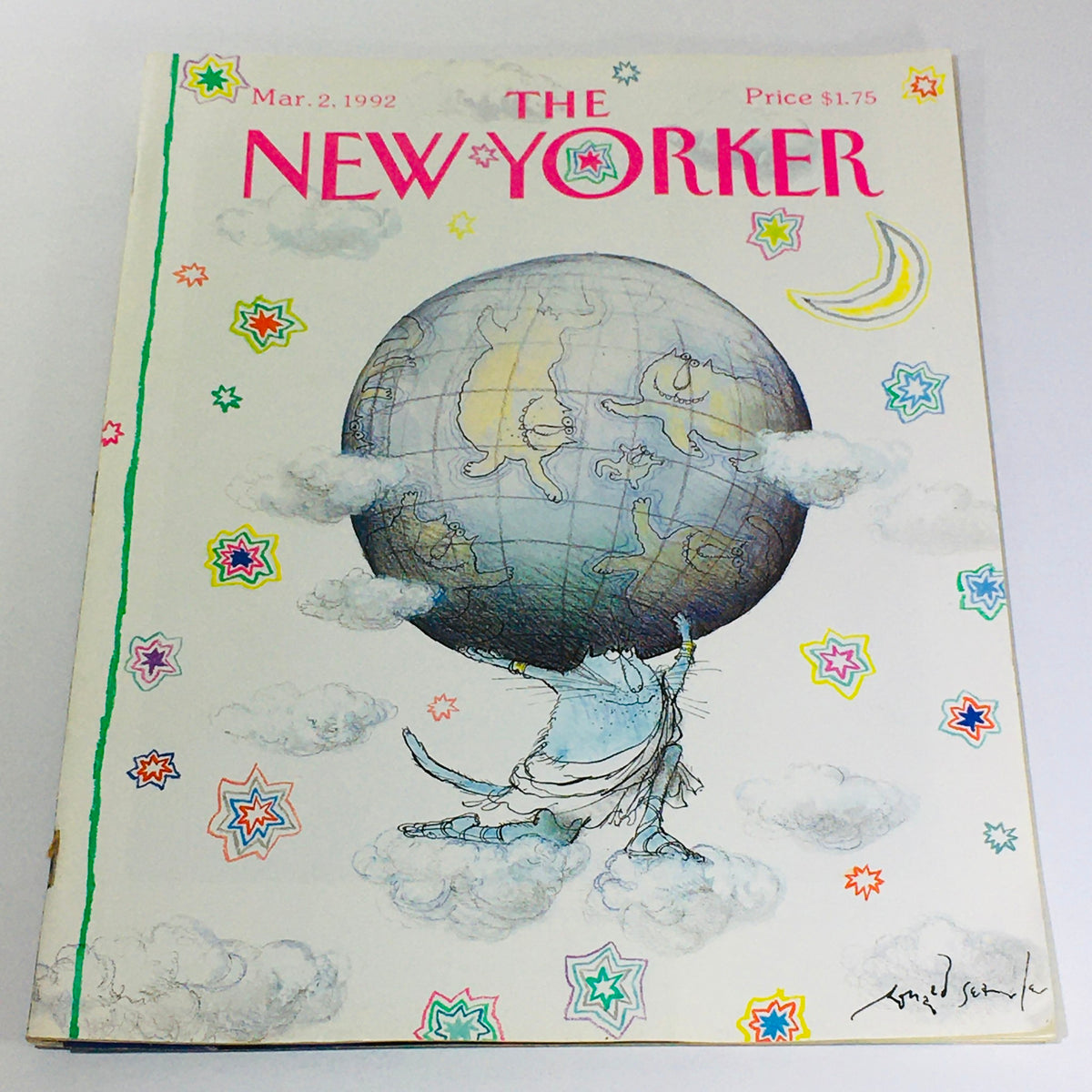 The New Yorker: March 2 1992 - Full Magazine Theme Cover featuring artwork by Ronald Searle, showcasing a whimsical illustration with a character holding the globe surrounded by clouds and stars.