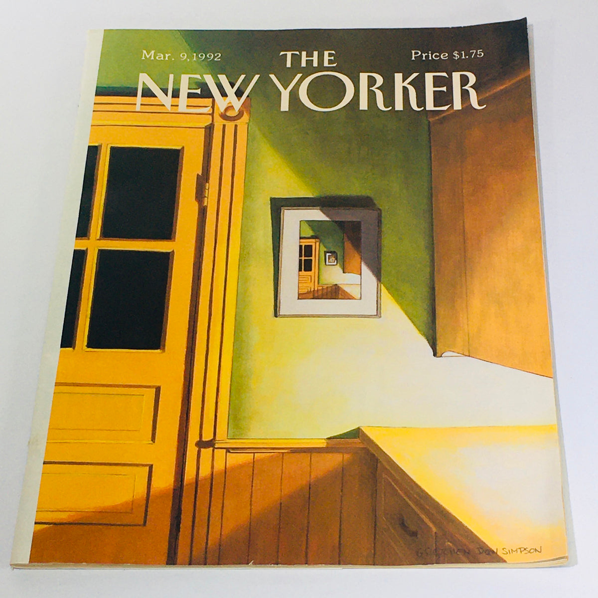 Cover of The New Yorker magazine from March 9, 1992, featuring artwork by Gretchen Dow Simpson, showcasing a yellow door and an intricate reflection in a mirror, capturing the essence of the early '90s.