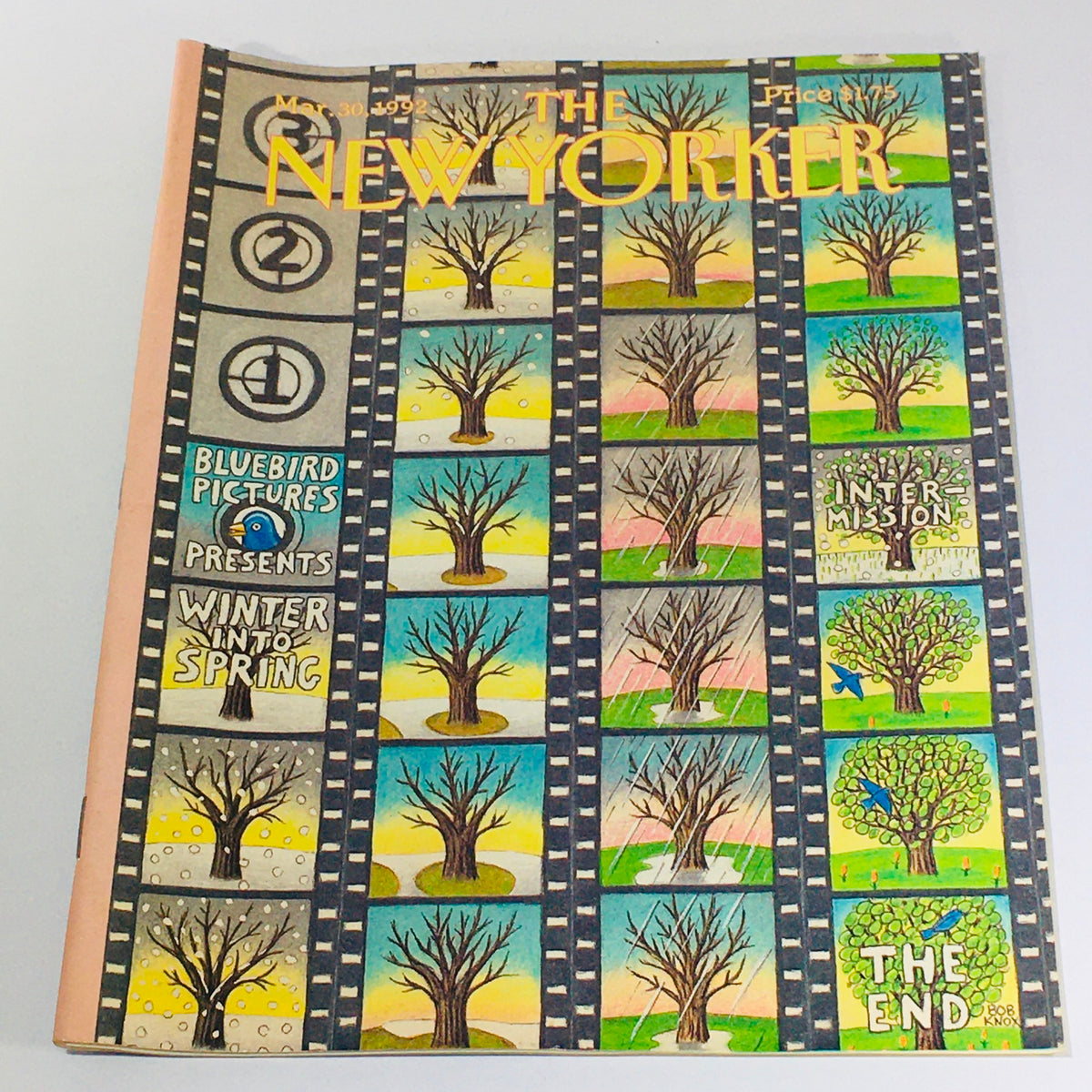 Cover of The New Yorker March 30, 1992, featuring vibrant artwork by Bob Knox, depicting the transition from winter to spring through illustrated trees in various stages of blossoming.