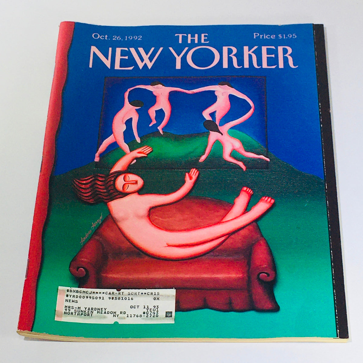 Cover of The New Yorker magazine from October 26, 1992, featuring vibrant artwork by Andrea Arroyo, depicting abstract figures in motion, with a serene blue and green background.