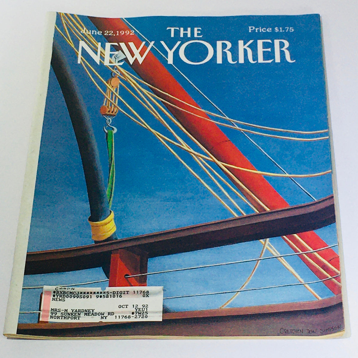 Cover of The New Yorker June 22 1992 showcasing vibrant artwork by Gretchen Dow Simpson, featuring a blend of colorful sails and ropes, highlighting the magazine's historic and artistic value.
